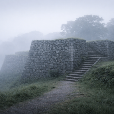 朝霧に包まれた城跡の石垣を思わせる静かな情景。人を城とする思想を象徴する、余白のある落ち着いた写真風イメージ。