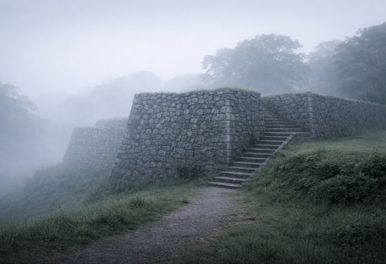 朝霧に包まれた城跡の石垣を思わせる静かな情景。人を城とする思想を象徴する、余白のある落ち着いた写真風イメージ。