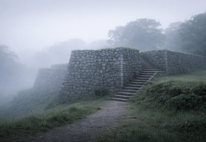 朝霧に包まれた城跡の石垣を思わせる静かな情景。人を城とする思想を象徴する、余白のある落ち着いた写真風イメージ。