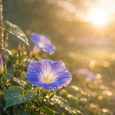 朝の静かな庭に咲いた一輪の花を写した写真。昨日までは無かった花が朝の光の中でそっと咲く様子が、人生の再出発と気づきを象徴している。