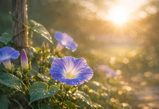 朝の静かな庭に咲いた一輪の花を写した写真。昨日までは無かった花が朝の光の中でそっと咲く様子が、人生の再出発と気づきを象徴している。