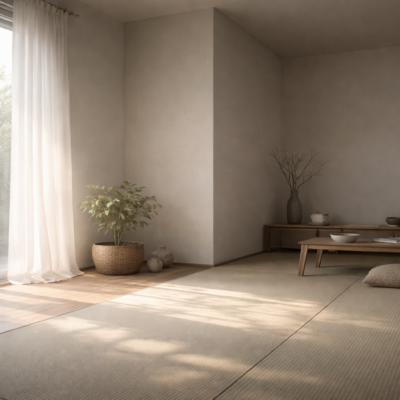 南から差し込む柔らかな太陽光が、静かな空間を照らす様子を写した写真。天地人の調和と、太陽と共に生きる暮らしの本質を象徴している。