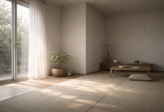 南から差し込む柔らかな太陽光が、静かな空間を照らす様子を写した写真。天地人の調和と、太陽と共に生きる暮らしの本質を象徴している。