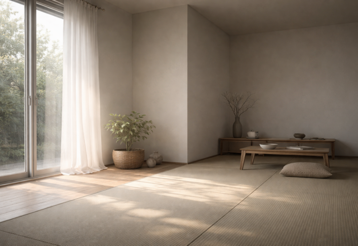 南から差し込む柔らかな太陽光が、静かな空間を照らす様子を写した写真。天地人の調和と、太陽と共に生きる暮らしの本質を象徴している。