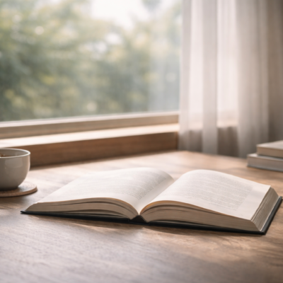 柔らかな自然光が差し込む窓辺で、開かれた書物を静かに読む時間を表した落ち着いた情景