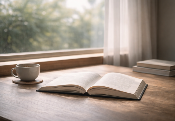 柔らかな自然光が差し込む窓辺で、開かれた書物を静かに読む時間を表した落ち着いた情景