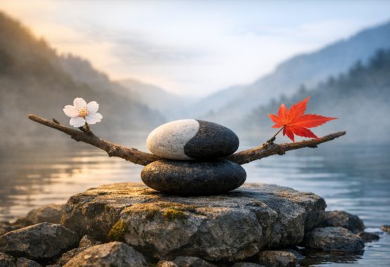 湖畔の静かな岩の上で、白黒に分かれた石が均衡を保ち、左右に花と葉が添えられた調和を象徴する情景