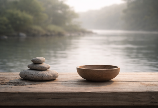 静かな水面の前に整えられた石や木の器が置かれ、心が主となり形が従う関係を象徴する落ち着いた情景