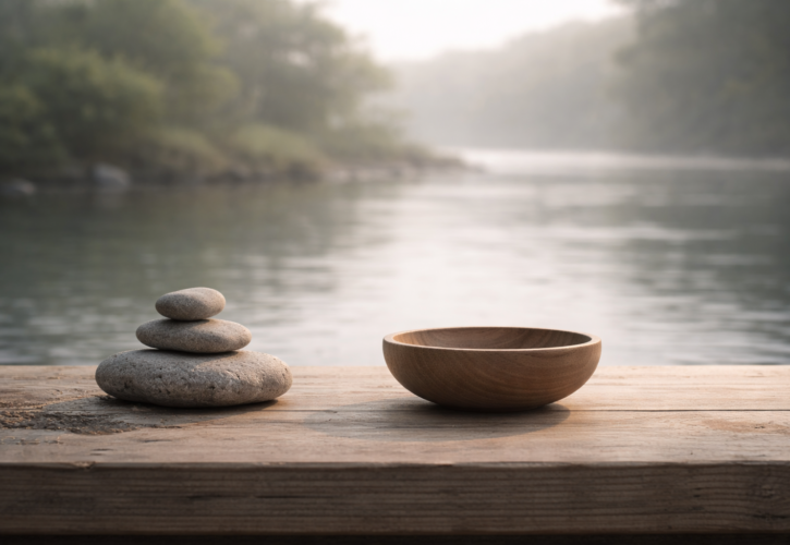 静かな水面の前に整えられた石や木の器が置かれ、心が主となり形が従う関係を象徴する落ち着いた情景