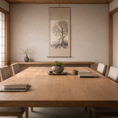 静かな和の空間に整えられた机と掛け軸が置かれ、経営理念を根として共有する場を象徴する落ち着いた情景