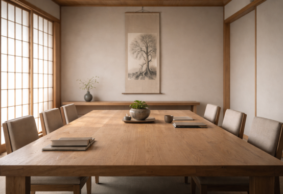 静かな和の空間に整えられた机と掛け軸が置かれ、経営理念を根として共有する場を象徴する落ち着いた情景