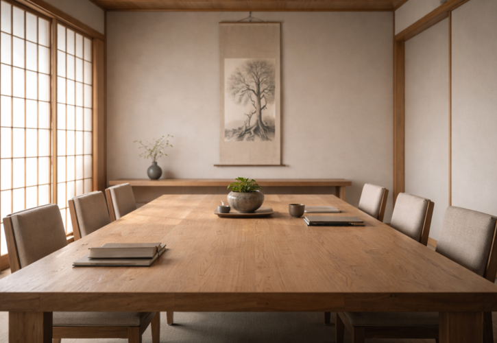 静かな和の空間に整えられた机と掛け軸が置かれ、経営理念を根として共有する場を象徴する落ち着いた情景