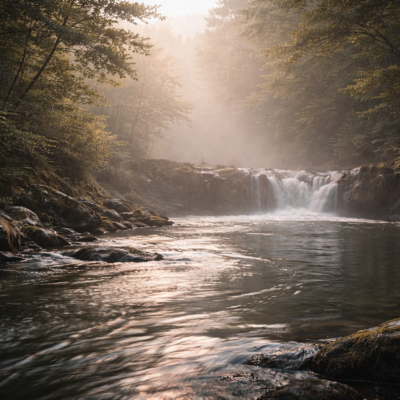 朝靄の中を静かに流れる川が滝壺へ向かう手前で穏やかに湾曲している情景が、流れに呑まれず乗る姿勢を象徴している