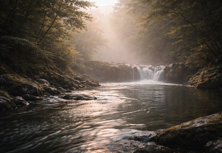 朝靄の中を静かに流れる川が滝壺へ向かう手前で穏やかに湾曲している情景が、流れに呑まれず乗る姿勢を象徴している