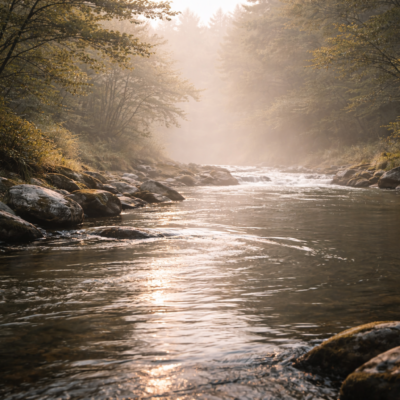 静かな朝の光に照らされた穏やかな川の流れが、お金の流れを整える経営の姿勢を象徴している情景