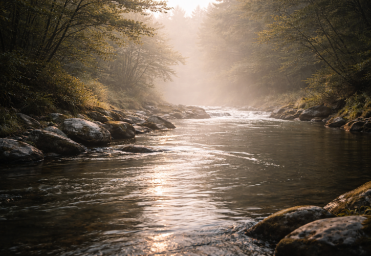 静かな朝の光に照らされた穏やかな川の流れが、お金の流れを整える経営の姿勢を象徴している情景