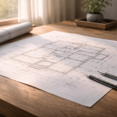 柔らかな朝の光に照らされた木の机の上に広げられた設計図が、誠意ある経営計画の象徴として静かに置かれている情景