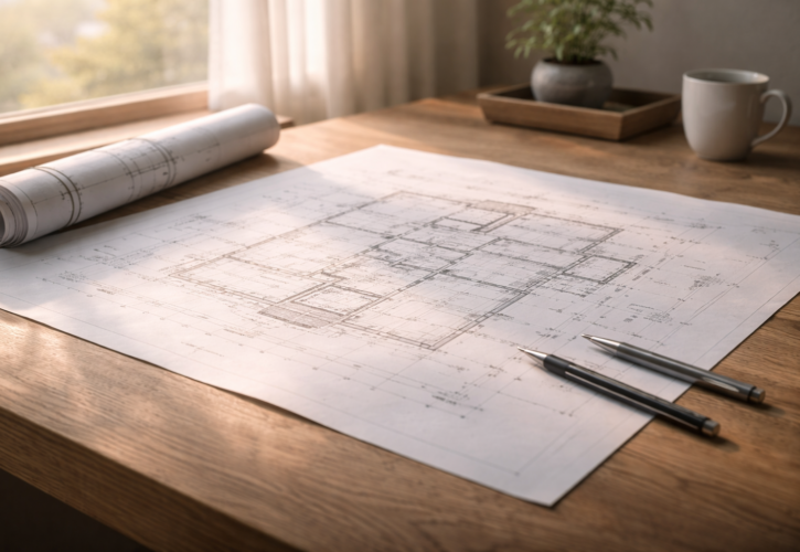 柔らかな朝の光に照らされた木の机の上に広げられた設計図が、誠意ある経営計画の象徴として静かに置かれている情景