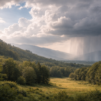 晴れ間と曇り空、遠くに雨雲が見える自然の風景が、状況に応じた計画修正の必要性を象徴している情景