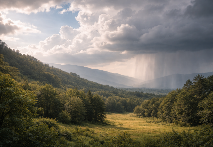 晴れ間と曇り空、遠くに雨雲が見える自然の風景が、状況に応じた計画修正の必要性を象徴している情景