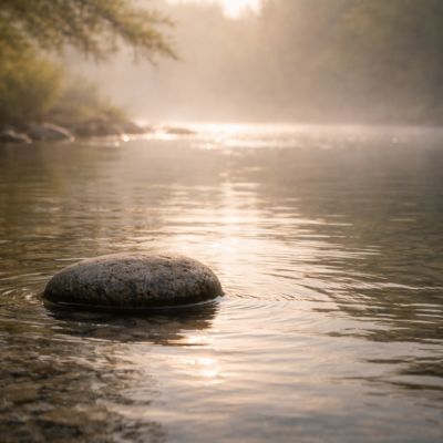 朝の柔らかな光が静かな水面に差し込み、一つの石が穏やかに佇む情景が誠の重みを象徴している
