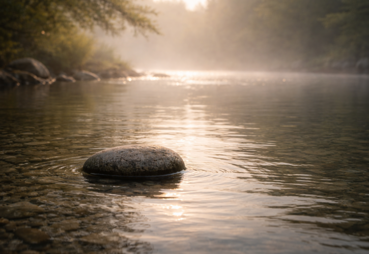 朝の柔らかな光が静かな水面に差し込み、一つの石が穏やかに佇む情景が誠の重みを象徴している