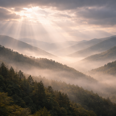 朝霧に包まれた山並みに柔らかな光が差し込み、陰と陽の調和を象徴する静かな風景