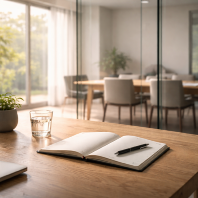 柔らかな自然光が差し込む静かなオフィス空間に、整えられた机とノートが置かれ、透明性と対話を象徴する情景