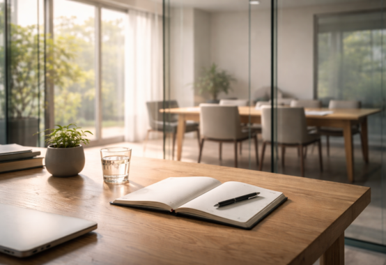 柔らかな自然光が差し込む静かなオフィス空間に、整えられた机とノートが置かれ、透明性と対話を象徴する情景