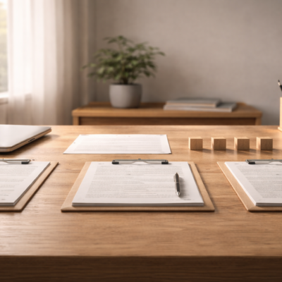 整然と並んだ書類や木製ブロックが置かれた静かなオフィス空間。秩序と平準化を象徴する落ち着いた光景。
