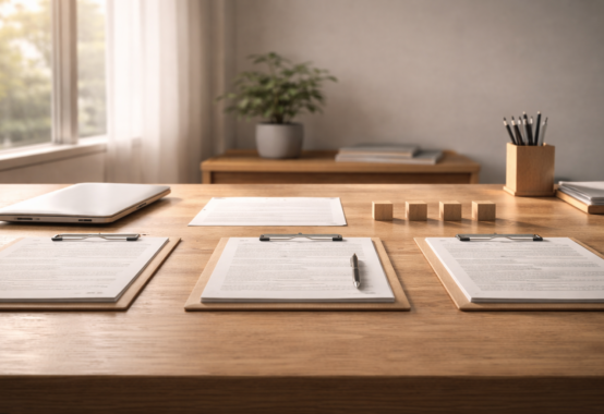整然と並んだ書類や木製ブロックが置かれた静かなオフィス空間。秩序と平準化を象徴する落ち着いた光景。