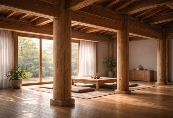 静かな木造の空間で、太い柱が屋根を支えている様子。支えの存在が全体を成り立たせている象徴的な情景。