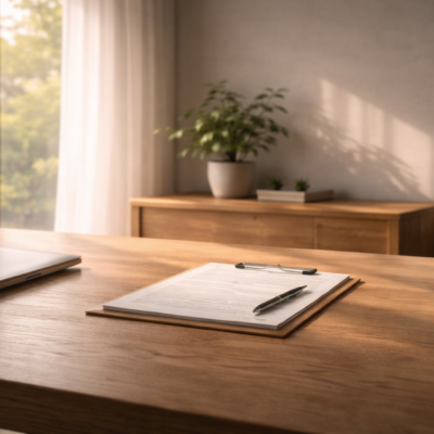 柔らかな光が差し込む机上に、整えられた書類と静かな空間が広がる情景。規則と心の調和を象徴する落ち着いた構図。