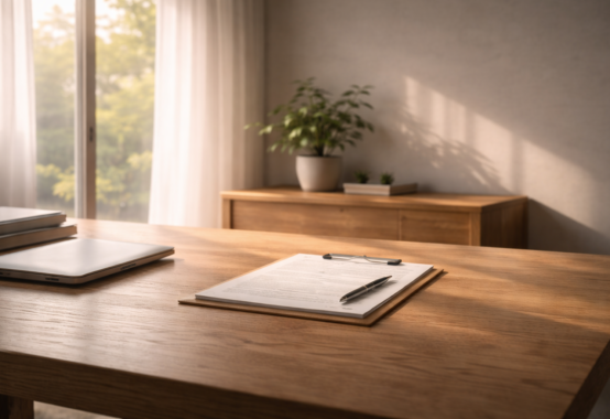 柔らかな光が差し込む机上に、整えられた書類と静かな空間が広がる情景。規則と心の調和を象徴する落ち着いた構図。