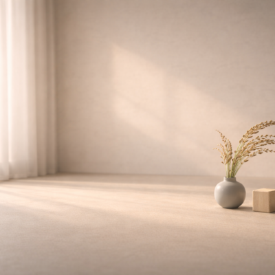 柔らかな光の中、穂を示す禾のモチーフと小さな口の象徴が静かに配置され、控えめさが和を生むことを示す情景。