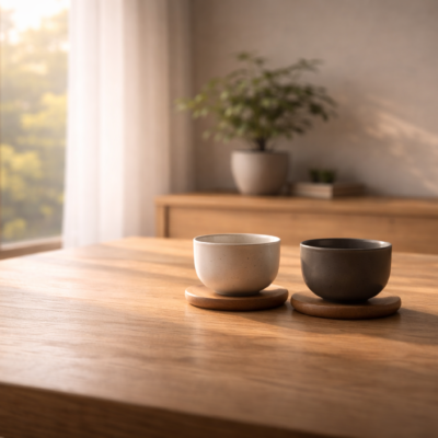 柔らかな朝の光が差し込む静かな室内で、二つの茶器が並び、陰陽と夫婦の調和を象徴する穏やかな情景。