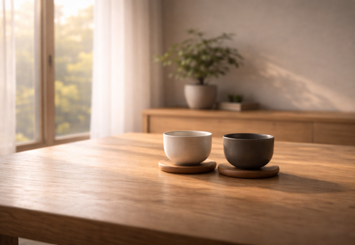 柔らかな朝の光が差し込む静かな室内で、二つの茶器が並び、陰陽と夫婦の調和を象徴する穏やかな情景。