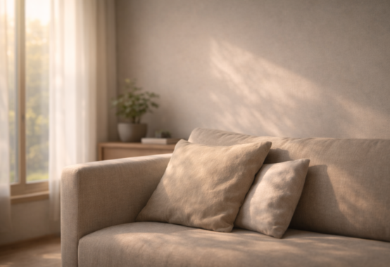 柔らかな光が差し込む静かな空間で、光と影が重なり合い、寄り添う優しさを象徴する穏やかな情景。