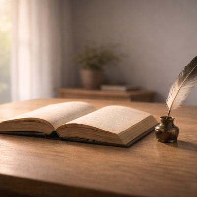 柔らかな自然光の中で開かれた本と羽根ペンが置かれた静かな机の情景。知識と知恵の使い方を考える思索の時間を象徴するイメージ。