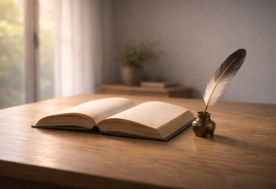 柔らかな自然光の中で開かれた本と羽根ペンが置かれた静かな机の情景。知識と知恵の使い方を考える思索の時間を象徴するイメージ。