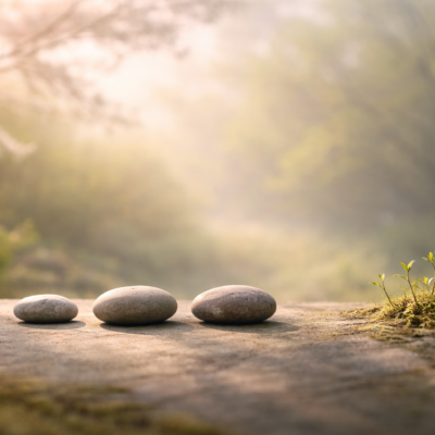 柔らかな春の光の中、三つの石と芽吹きが静かに並び、三方よしと三つの責任を象徴して春を迎える心構えを表す情景。