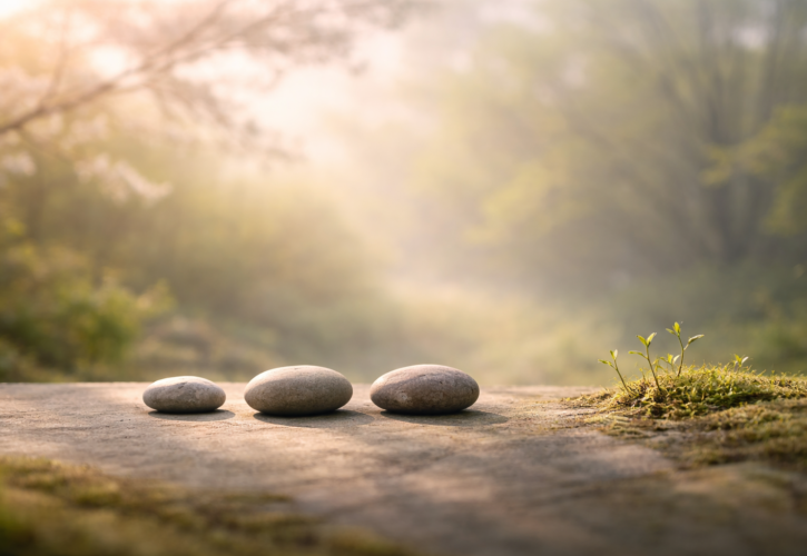 柔らかな春の光の中、三つの石と芽吹きが静かに並び、三方よしと三つの責任を象徴して春を迎える心構えを表す情景。