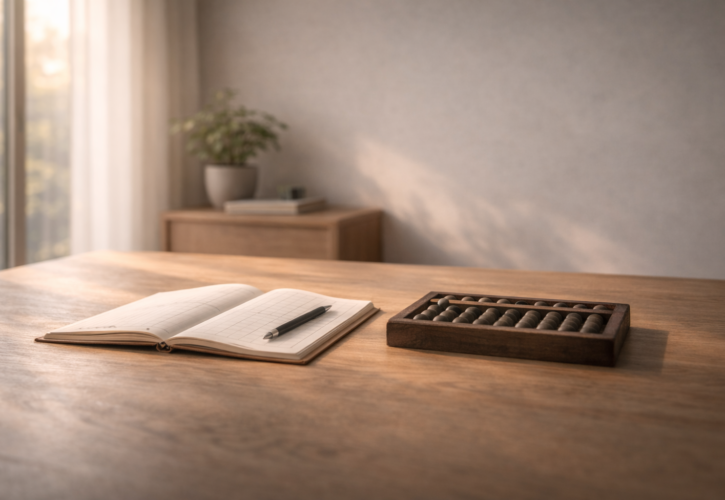 静かな机上に置かれた帳面と計算具。柔らかな自然光が差し込み、経営と経費の一体性を象徴する落ち着いた構図。