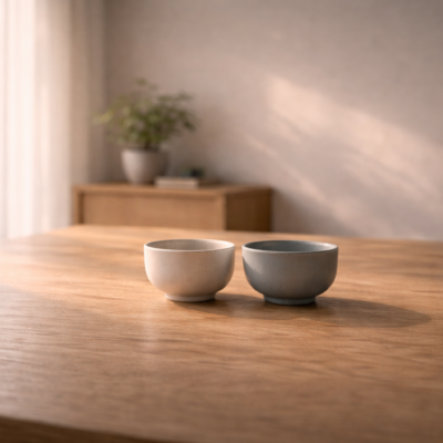 柔らかな朝の光の中で二つの器が並び、労使が一体となり共に喜ぶ調和の姿を象徴する静かな情景。