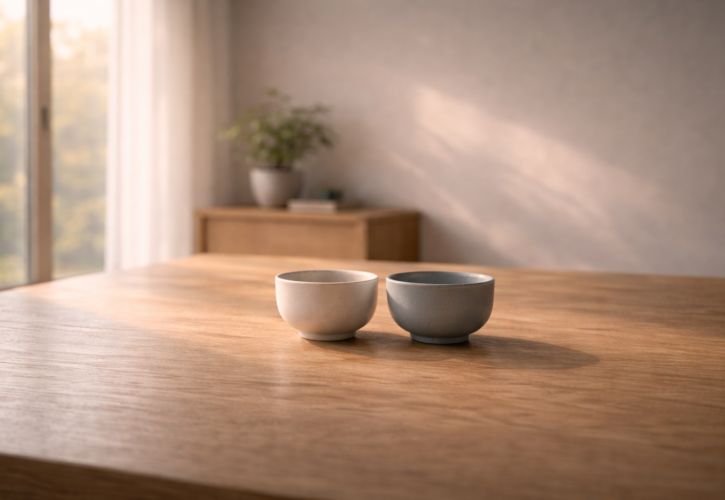 柔らかな朝の光の中で二つの器が並び、労使が一体となり共に喜ぶ調和の姿を象徴する静かな情景。