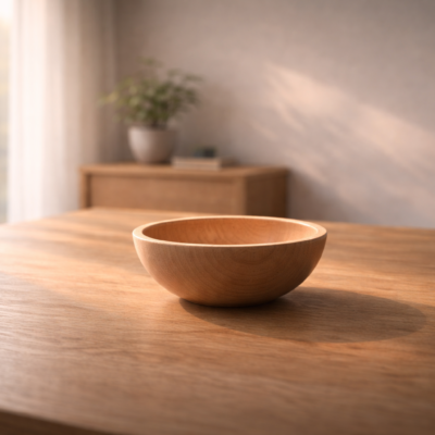 柔らかな朝の光の中、木の器が静かに置かれ、経営者の器と人を育てる基礎を象徴する落ち着いた情景。