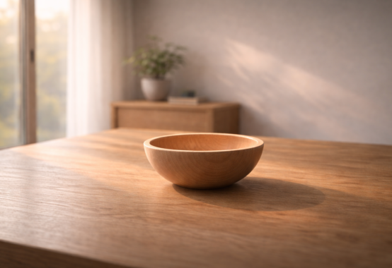 柔らかな朝の光の中、木の器が静かに置かれ、経営者の器と人を育てる基礎を象徴する落ち着いた情景。