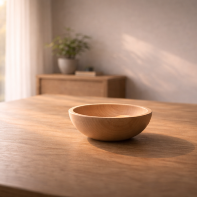 柔らかな自然光が差し込む木の机の上に置かれた木の器と、周囲の静かな余白。人を受け入れ周囲を活かす「器」の思想を象徴する静かな情景。