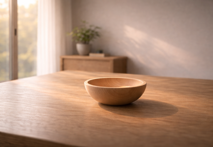 柔らかな自然光が差し込む木の机の上に置かれた木の器と、周囲の静かな余白。人を受け入れ周囲を活かす「器」の思想を象徴する静かな情景。