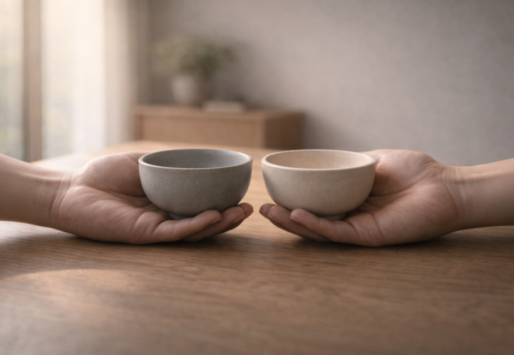 柔らかな自然光の中で右手と左手が静かに寄り添う構図。支える手と働く手の関係を通して、組織や経営における補完と調和を象徴したイメージ。